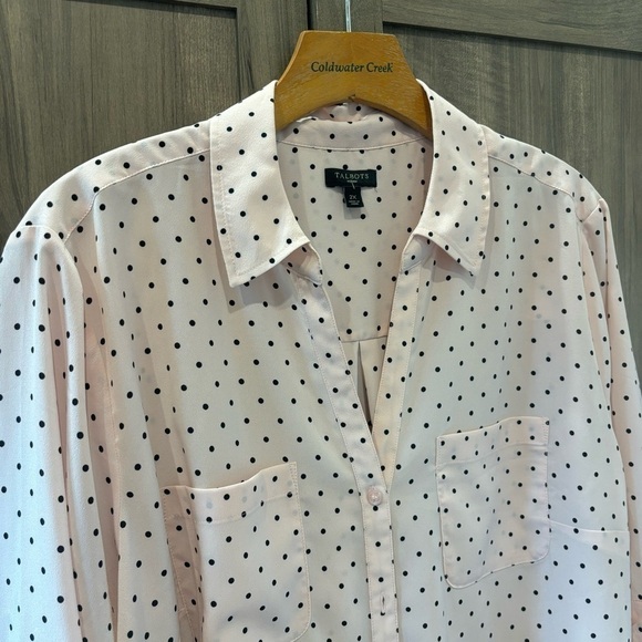 Talbots Woman 2X Button Top Pink Black Polka Dot Long Roll Tab Sleeves - Picture 4 of 11